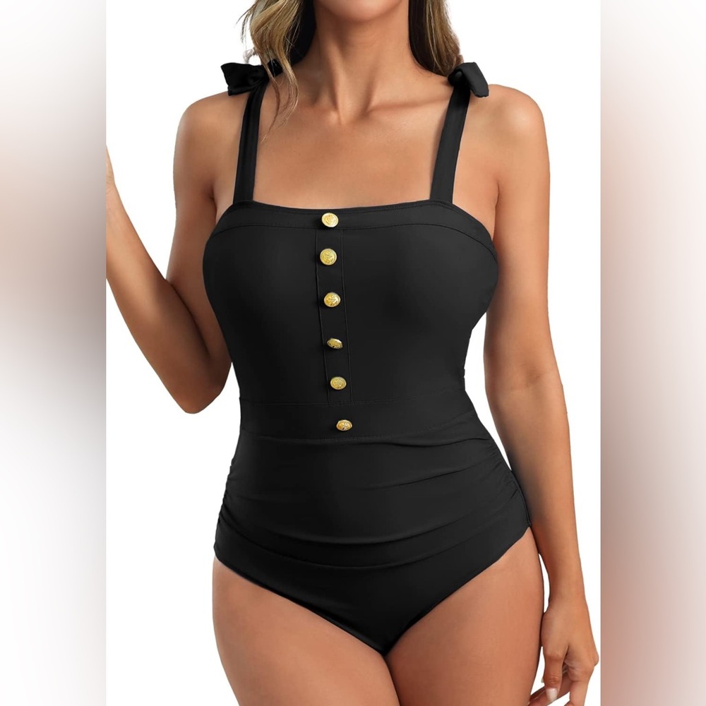Souqfone One Piece Swimsuit 3XL Black Cutout Tummy Control Gold Button NWT
